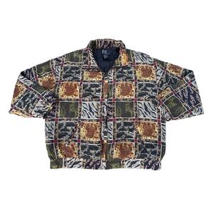 Vintage 90s EVR Rousso Silk Safari Animal Print Checkered Cheetah Zip Up Jacket